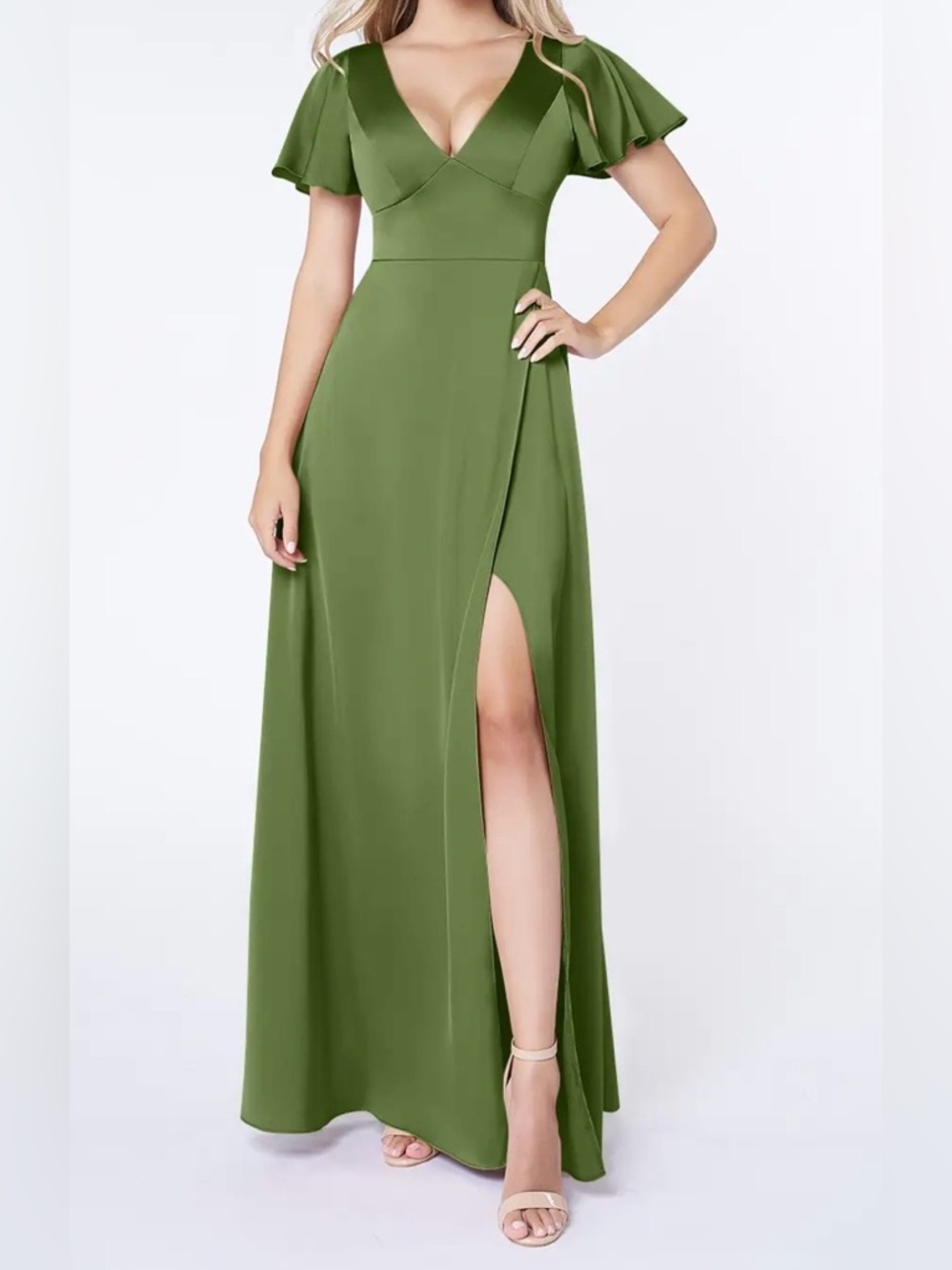Azazie Juniper Green Flutter-Sleeve V-Neck Gown with Beautiful Slit - NWT